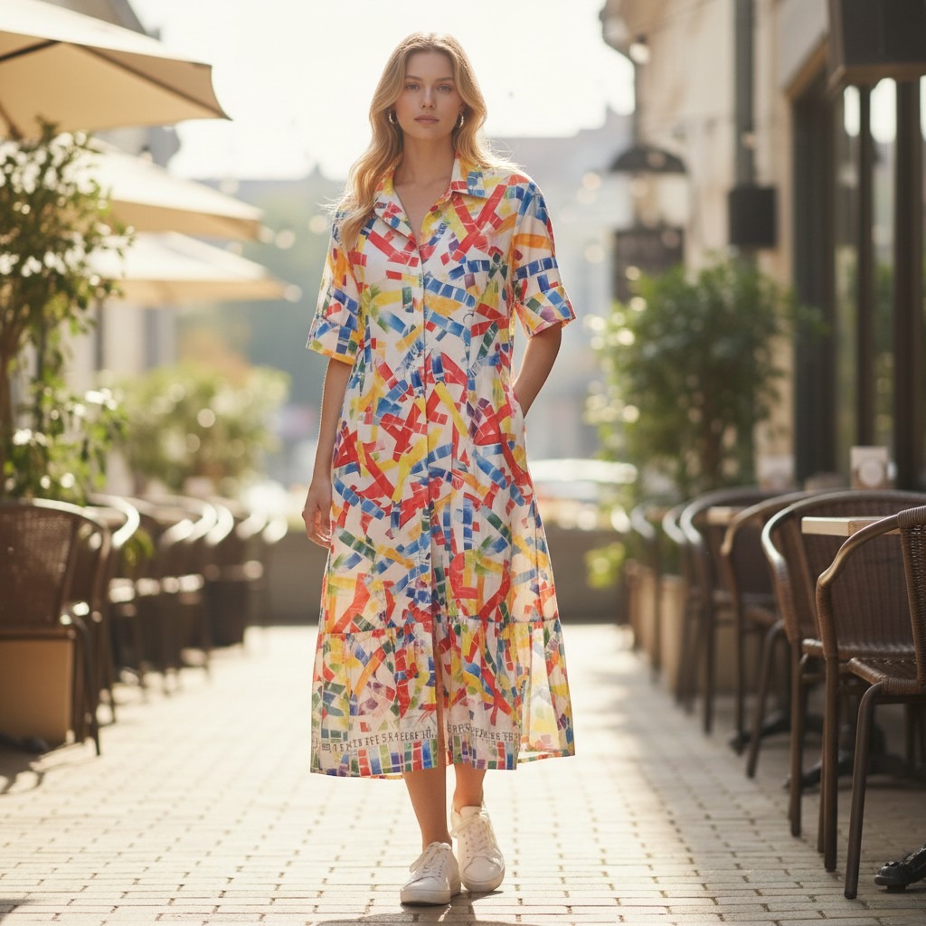 Chch Women Multi Color Abstract Geometric Print Shirt Dress Sz L Fairy Cottage